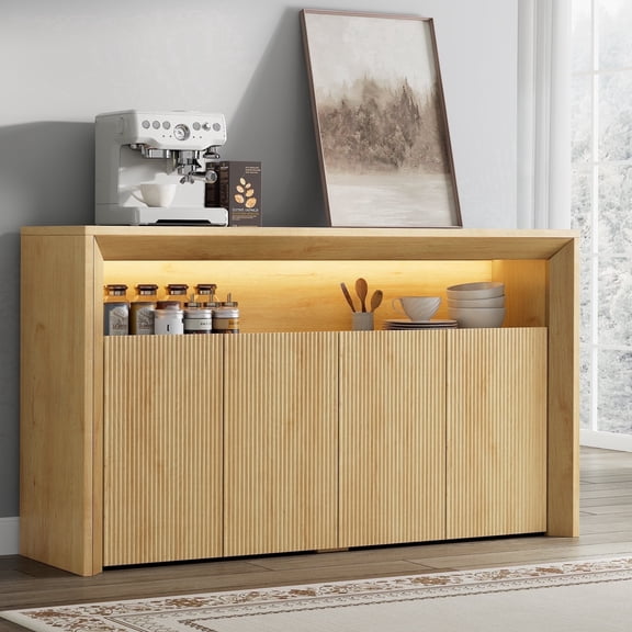 Einhomn 66.2" Fluted Buffet Cabinet, Sideboard Credenza with LED Light, 4 Doors & Adjustable Shelves