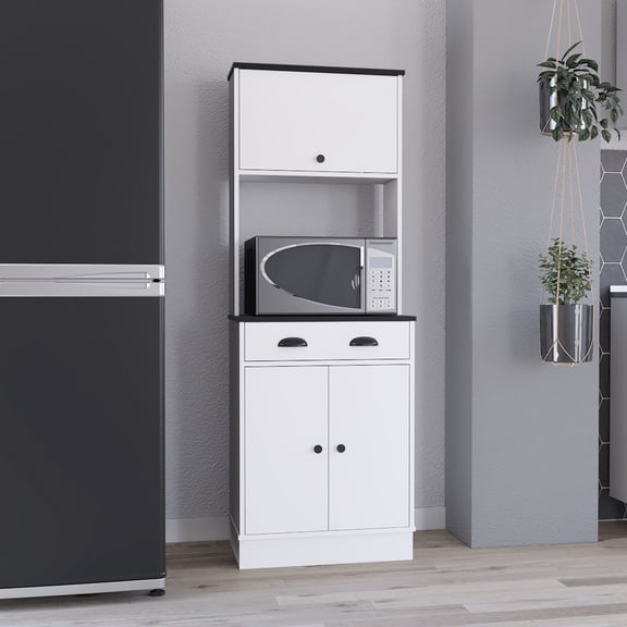 66.3"h Kitchen Pantry In White/black With Drawer, 2 Cabinets, Microwave Stand - Practical Storage Unit Apex 66.3" H Pantry, White/black, Compact Solution