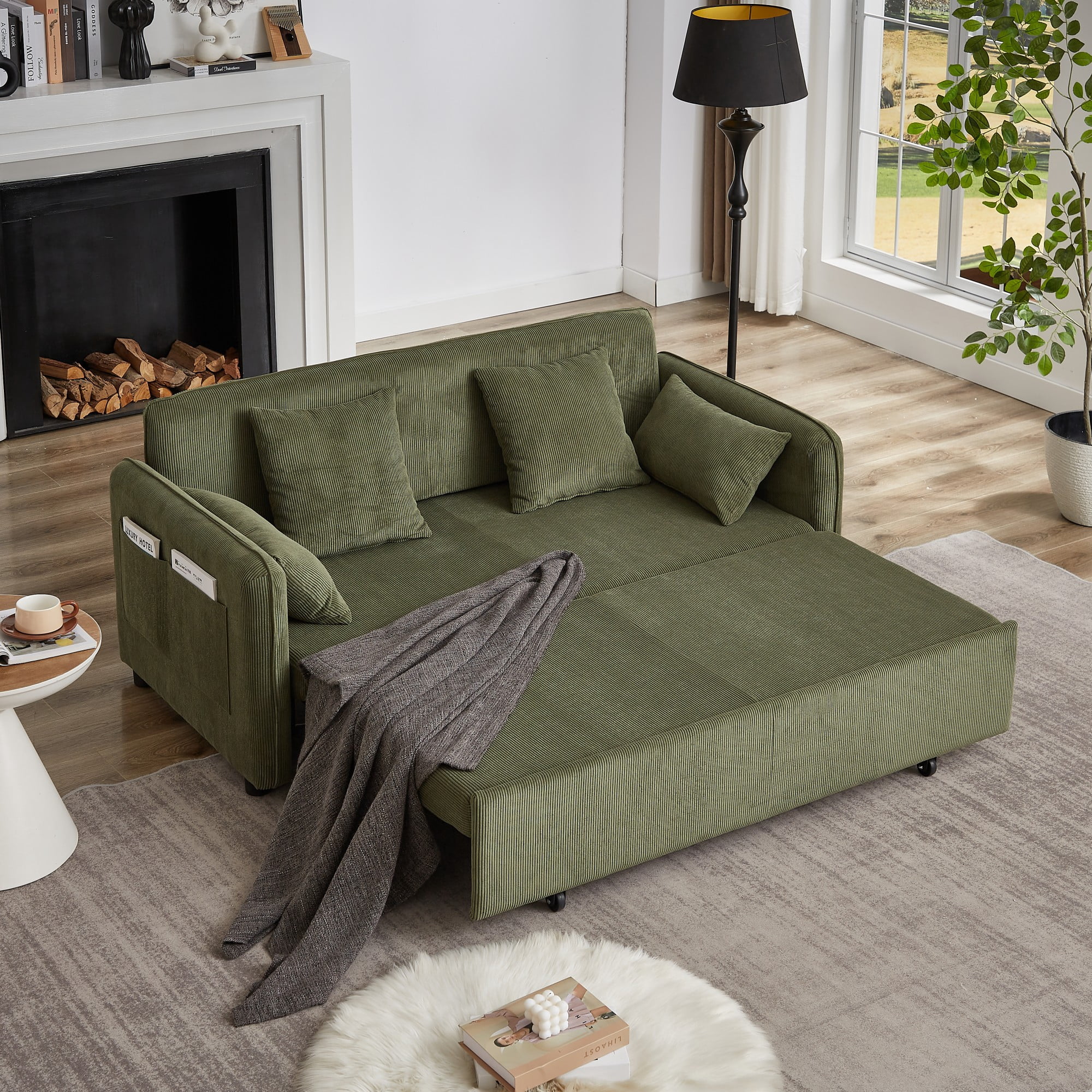 66" 3-in-1 Adjustable Sleeper Sofa Bed with Pull Out Bed,4 Pillows & Side Pockets,Corduroy Convertible Sofa Bed for Living Room,Bedroom,Apartment,Office,Green