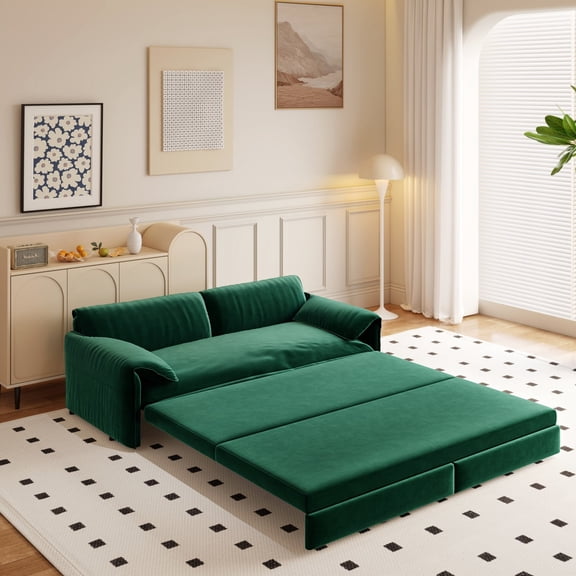 66" 3-in-1 Convertible Sleeper with Side Storage, Queen Size Pull Out Sofa Bed, Multi-Functional Velvet Loveseat for Small Spaces