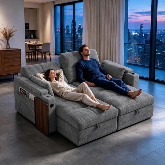 66.33'' Sleeper Sofa Bed Full Size, Convertible Couch for RVs, Gray,Chenille Chaise Lounge with Storage, USB & Table, 2 Pillows for Camper, Loveseat for Living Room, Apartments, Offices