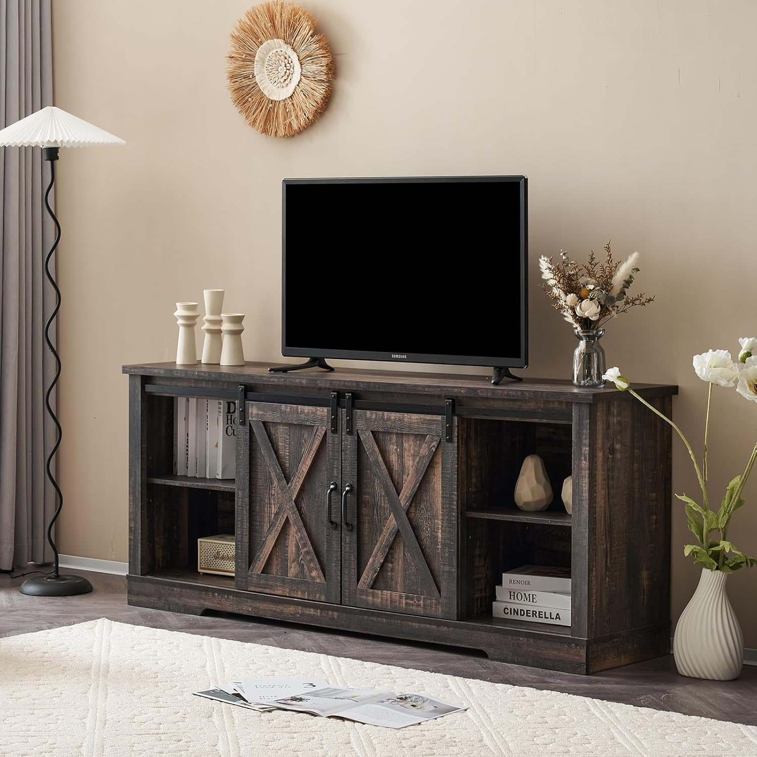 66" Farmhouse TV Stand for 75 Inches TVs Entertainment Center with