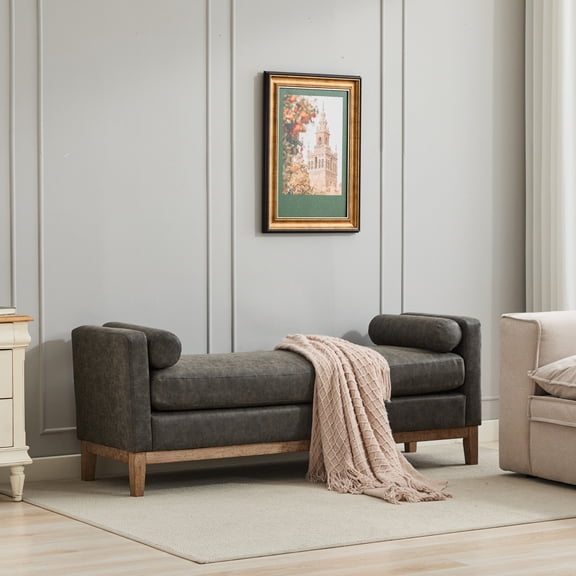 66.34'' Upholstered End of Bed Bench with Wood Frame – Daybed, Footrest Stool Ottoman with Arms & 2 Bolsters for Bedroom, Entryway, Living Room