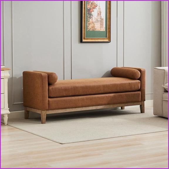 66.34W Upholstered Bench with 2 Bolster Pillows & Wood Legs for Bedroom/Living Room | Brown | PU