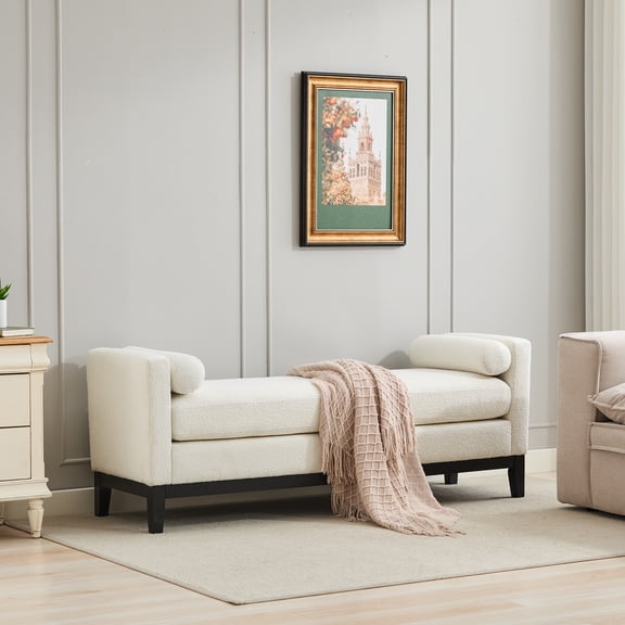 66.34"W Upholstered End of Bed Bench with Black Finish Wood Frame, Daybed, Footrest Stool Ottoman with Arms & Wood Legs & 2 Bolsters for Bedroom, Window, Living Room, Entryway, Hallway,Ivory Boucle