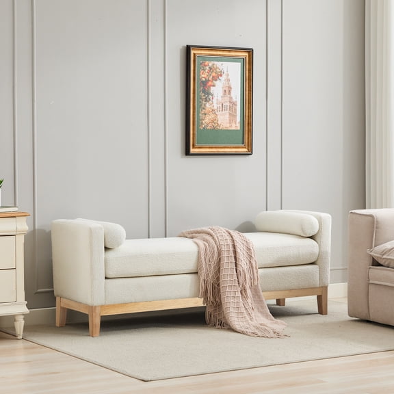 66.34"W Upholstered End of Bed Bench with Natural Finish Wood Frame, Daybed, Footrest Stool Ottoman with Arms & Wood Legs & 2 Bolsters for Bedroom, Window, Living Room, Entryway, Hallway,Ivory Boucl
