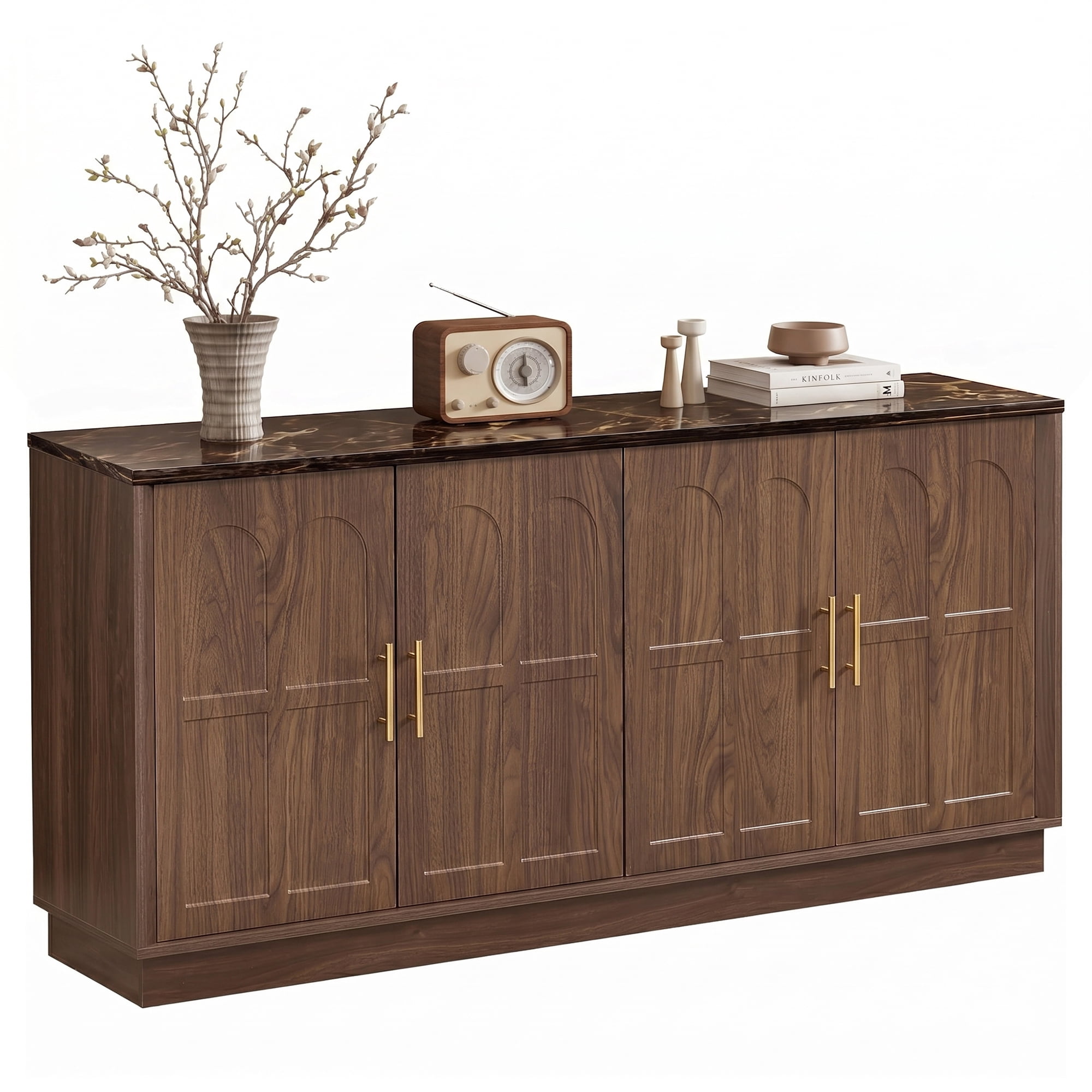 66.5" Buffet Cabinet, Walnut Sideboard with Marble Pattern Top, 6-Door Kitchen Storage Credenza with Adjustable Shelves, Modern TV Stand for Dining Living Room