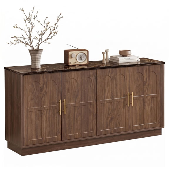 66.5" Buffet Cabinet, Walnut Sideboard with Marble Pattern Top, 6-Door Kitchen Storage Credenza with Adjustable Shelves, Modern TV Stand for Dining Living Room