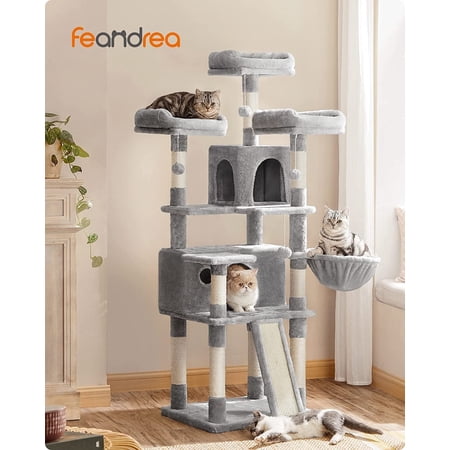 FEANDREA Cat Tree, Large Cat Tower, Cat Condo with Scratching Posts, Board, 2 Caves, 3 Plush Perches, Activity Center, 66.5 Inches, Light Gray