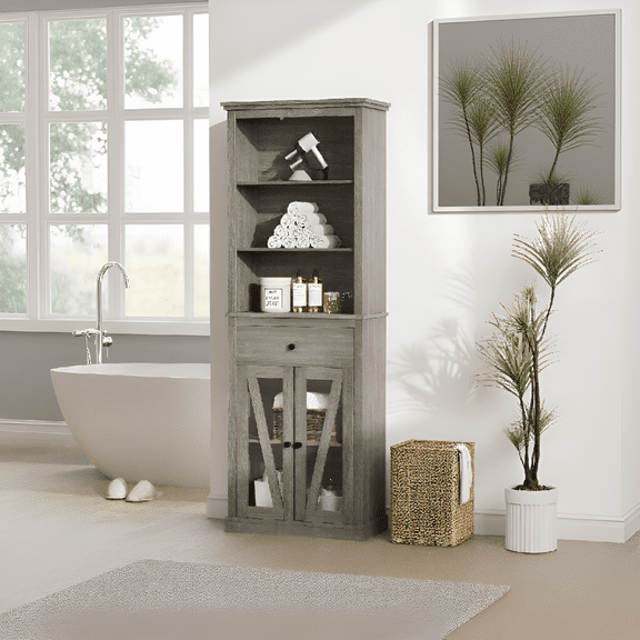 66.5'' Farmhouse Tall Storage Cabinet, Slim 5-Tier Wooden Bookcase with 2 Glass Doors & Drawer, Multi-Purpose Pantry Organizer for Kitchen, Living Room, Entryway, Grey Wood Cabinet