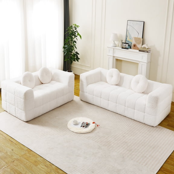 66.5-Inch and 84.6-Inch Modern Boneless Couch with Two Circular Throw Pillows, Skin-friendly Lychee-textured Long-pile Polyester Fabric, Checkered Fabric Design Foam Sofa, 2PCS (Beige)