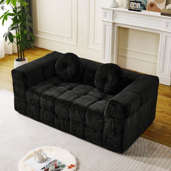 66.5-Inch Modern Boneless Couch with Two Circular Throw Pillows, Skin-friendly Lychee-textured Long-pile Polyester Fabric, Checkered Fabric Design Two-seater Foam Sofa (Black)