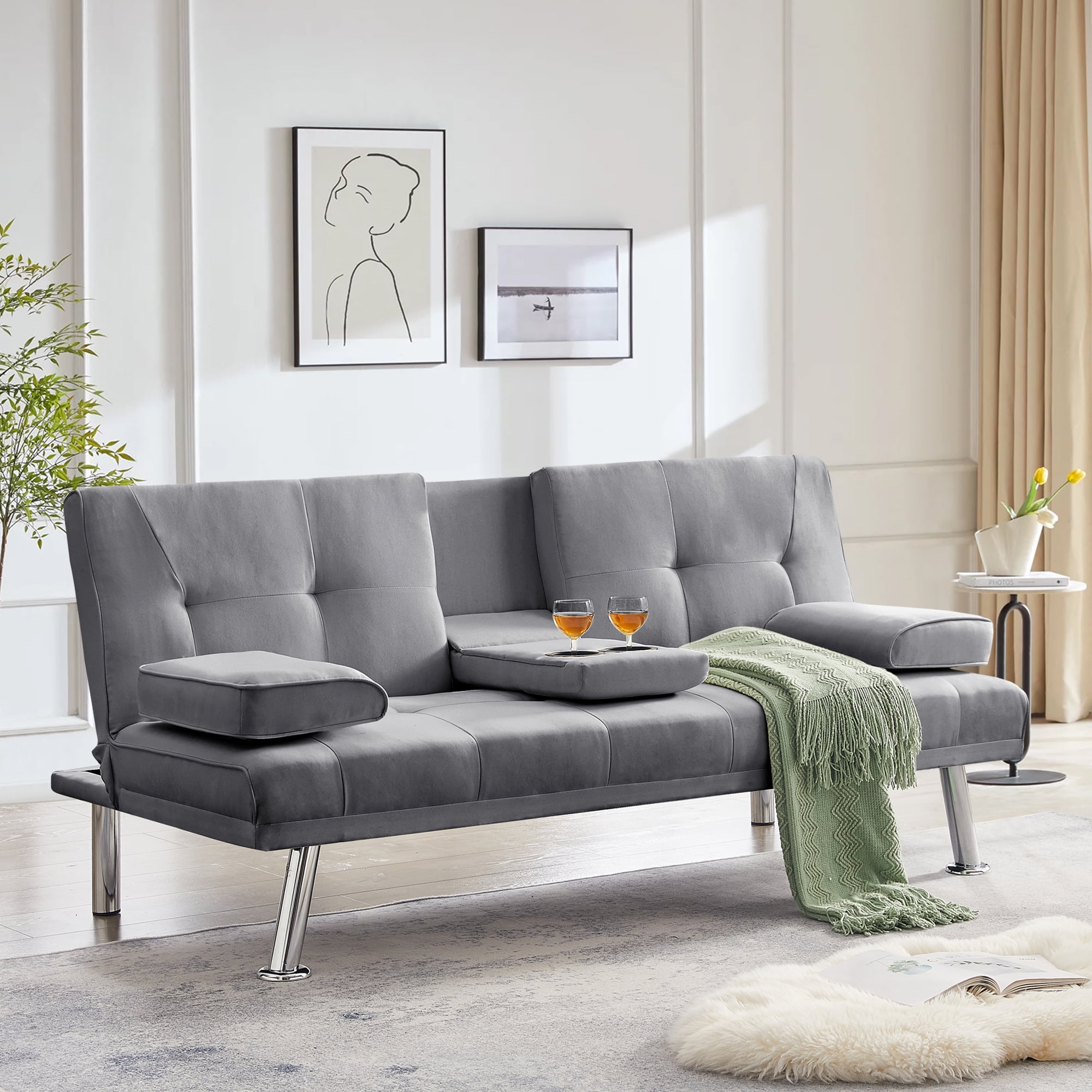 66.5" Modern Futon Sofa Bed with 2 Cup Holders, Linen Fabric Convertible Fold Futon Reclining