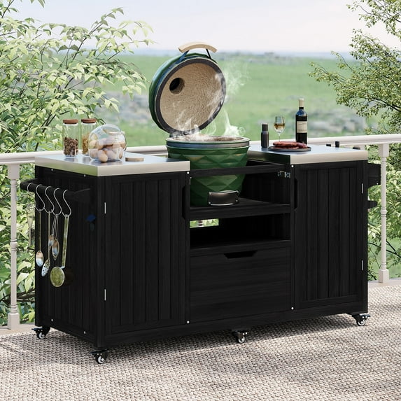 66.5" Outdoor Grill Cart, Solid Wood Kitchen Island with Stainless Steel Top, Drawer, Compatible with up to Large Big Green Egg, Kamado, Joe for Barbecue Outdoor Gathering(Black )