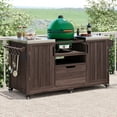 thumbnail image 1 of 66.5" Outdoor Kitchen Island with Ample Storage and Grill Space for Big Green Egg Grills, Solid Fir Wood Grill Table Cart with Stainless Steel Top and Drawer, Heavy Duty, Brown, 1 of 9