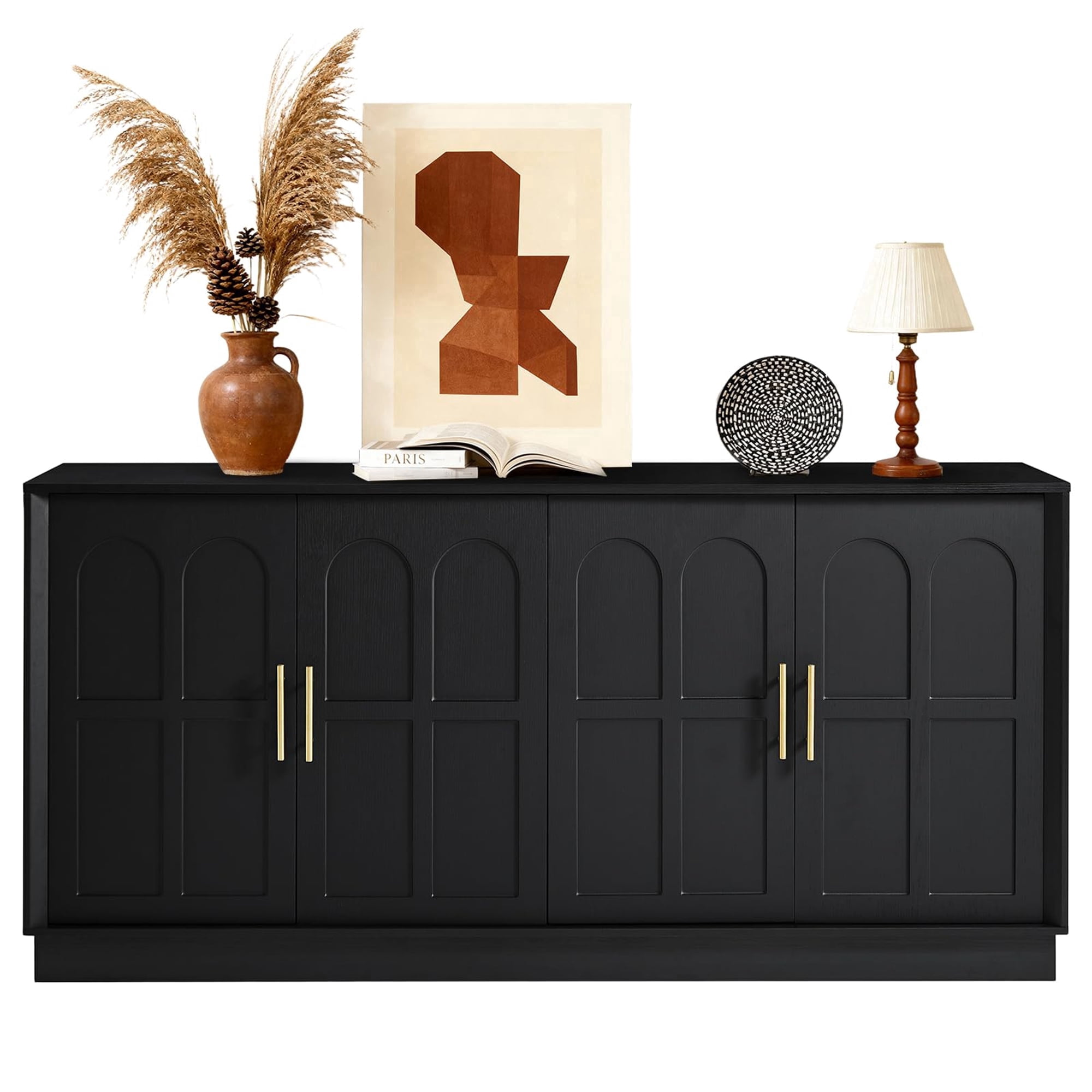 BFJDM 67" Sideboard Buffet Cabinet with Storage, Modern Credenza with Arched Doors, Large Wood Accent Cabinet for Living Room Entryway (Black)