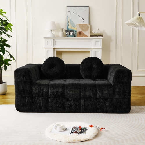 66.5-inch Modern Boneless Couch with Two Circular throw pillows,Skin-friendly lychee-textured long-pile polyester fabric,Checkered Fabric Design Two-Seater Foam Sofa, Black