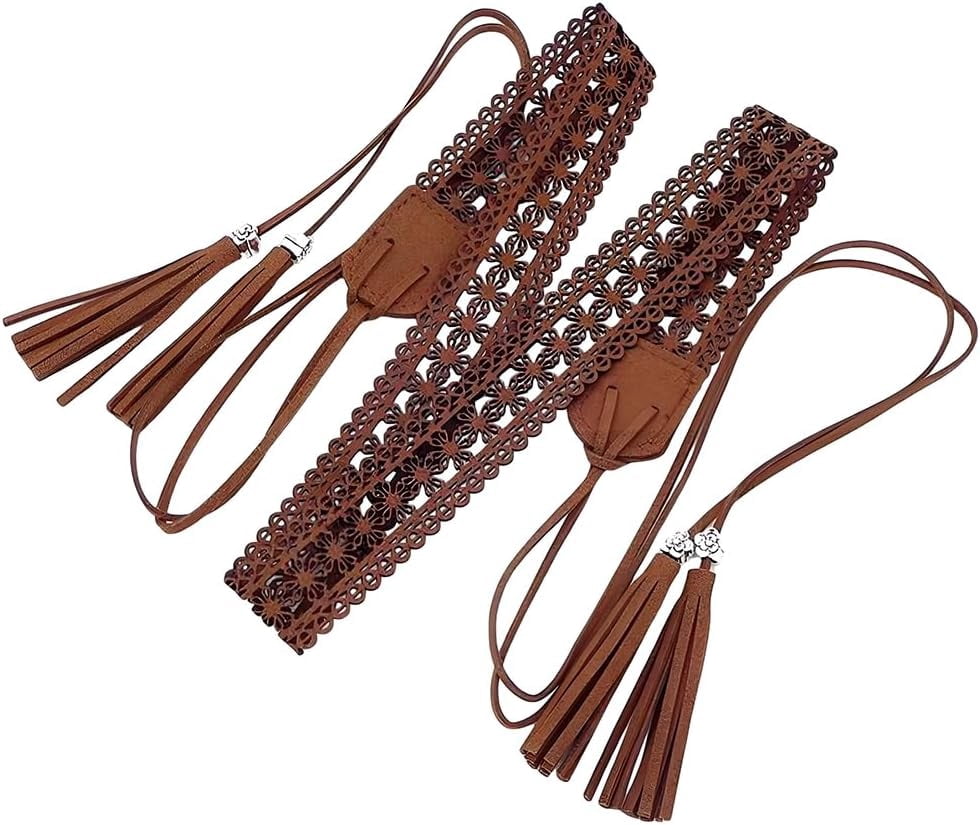 Boho PU Leather Tassel Belt Knotted Waist Belt for Dresses Vintage Woven Knotted Waist Belt PU Leather Boho Tassel Waistband  main image 2