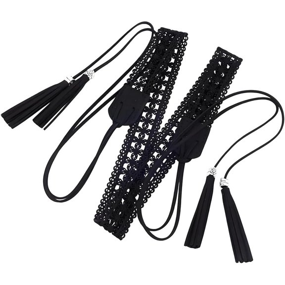 66.54 x 1.12 Inch Woven Tassel Belt Women PU Leather Hollow Knotted Waistband Vintage Boho Wax Rope Waistbands Western Ethnic Macrame Cowgirl Belt