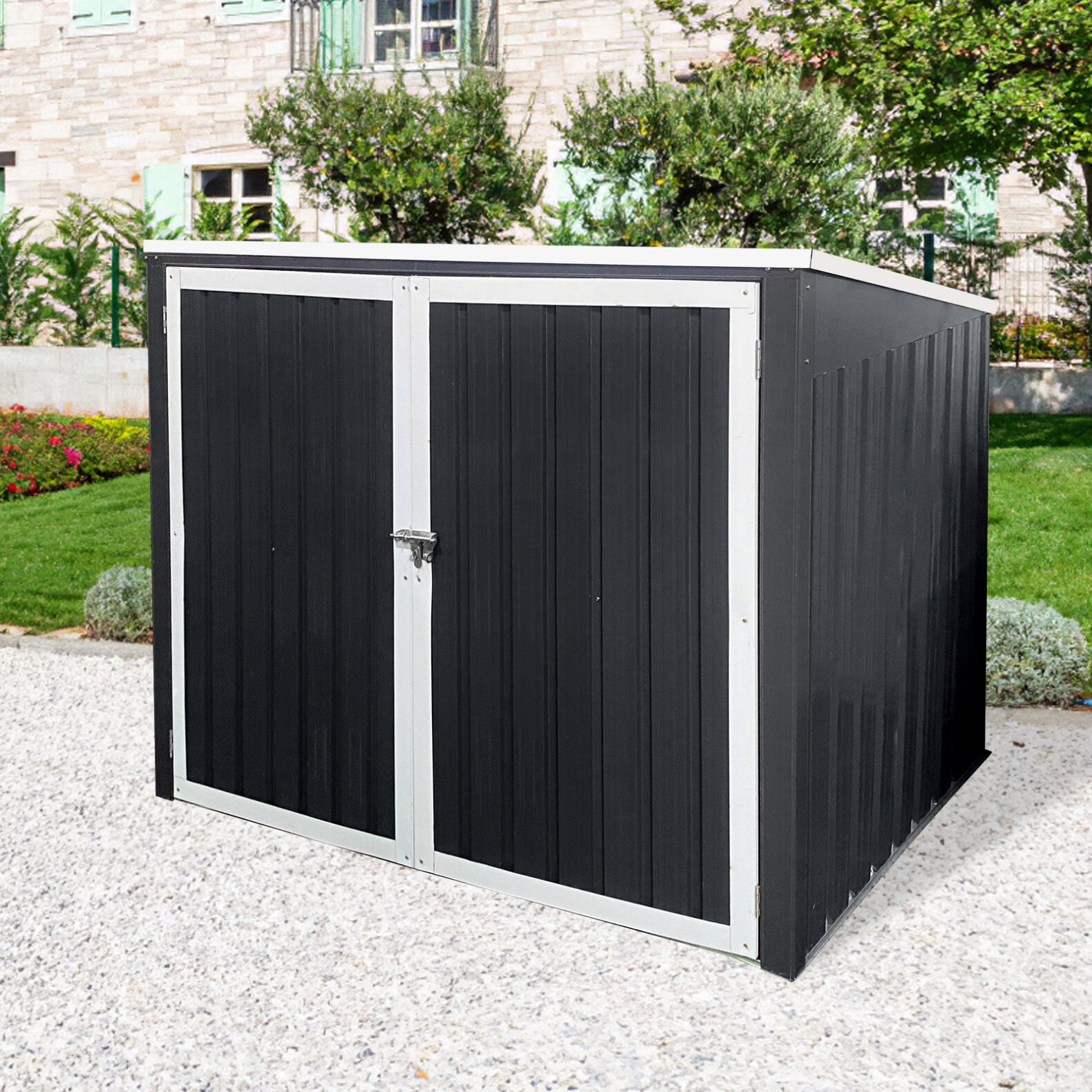 KEIKI Outdoor Trash Can Storage Shed – Lockable Metal Enclosure For 3 Bins, Galvanized Steel, With Hydraulic Lid