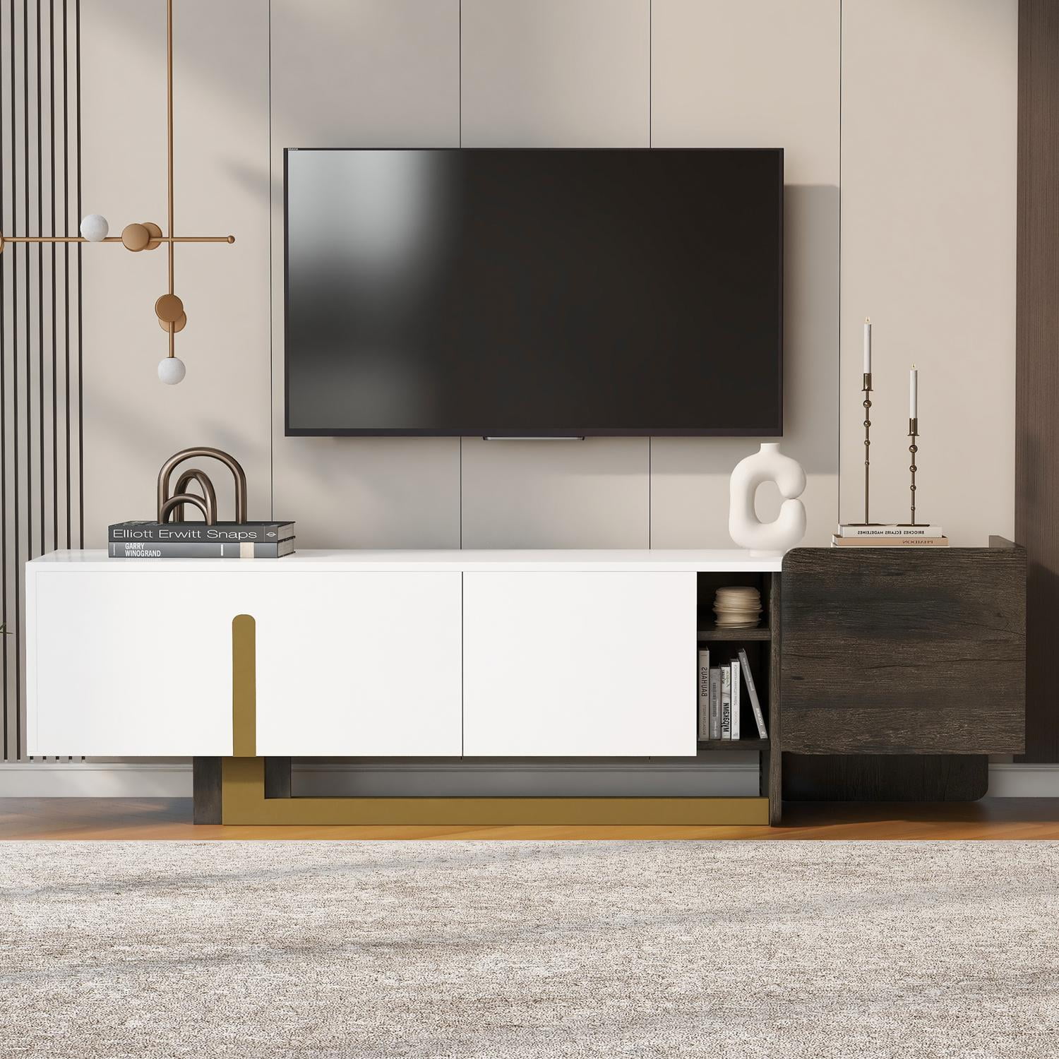 66.7 Inch Light Luxury TV Stand for 70 Inch TV, Modern TV Cabinet with Metal Legs, 1 Drawer, 2 Cabinets and Adjustable Shelves for Living Room, White
