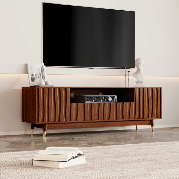 66.8" Brown Wood TV Stand with Drawer and Cabinet for 75" TV, Mid Century Modern Media Console with Cable Management for Living Room Bedroom