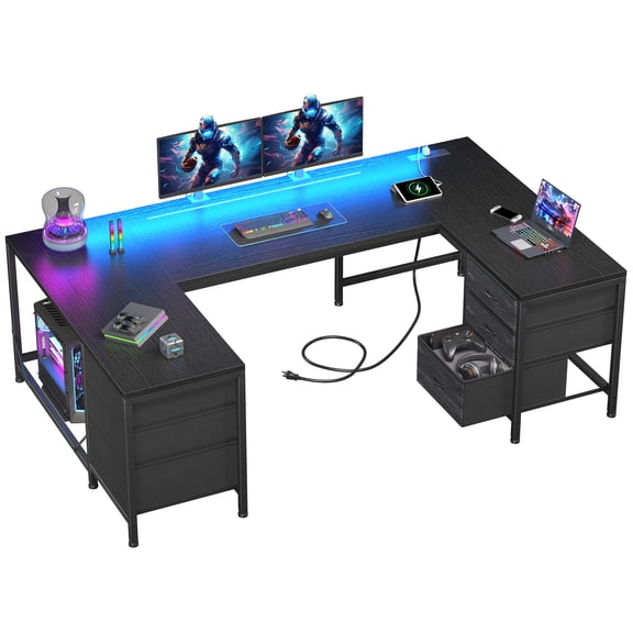 66.9" Black U-Shaped Gaming Desk, LED Lights, USB & Power, 6 Fabric Drawers, Metal Frame, Black