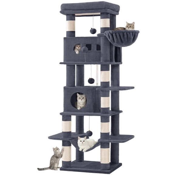 66.9-inch Cat Tree for Indoor, Multi-Level Cat Tree with Large Platforms, Cozy Condos, Big Hammock, Toy Balls for Adult Cats, Dark Grey