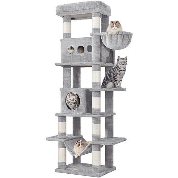 Hzuaneri Cat Tree, 66.9‑inch Tall Multi‑Level Indoor Cat Tower with Large Platforms, Cozy Condos, Big Hammock & Toy Balls for Adult Cats, Light Grey