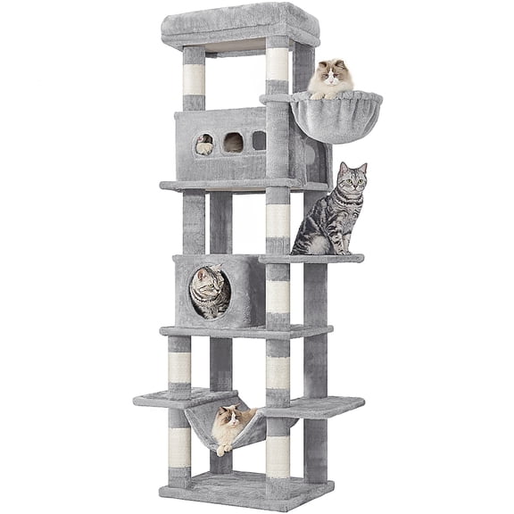 66.9-inch Cat Tree for Indoor, Multi-Level Cat Tree with Large Platforms, Cozy Condos, Big Hammock, Toy Balls for Adult Cats, Light Grey