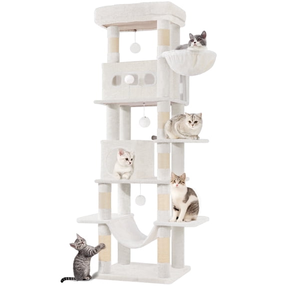 Hzuaneri Cat Tree, 66.9‑inch Tall Multi‑Level Indoor Cat Tower with Large Platforms, Cozy Condos, Big Hammock & Toy Balls, White