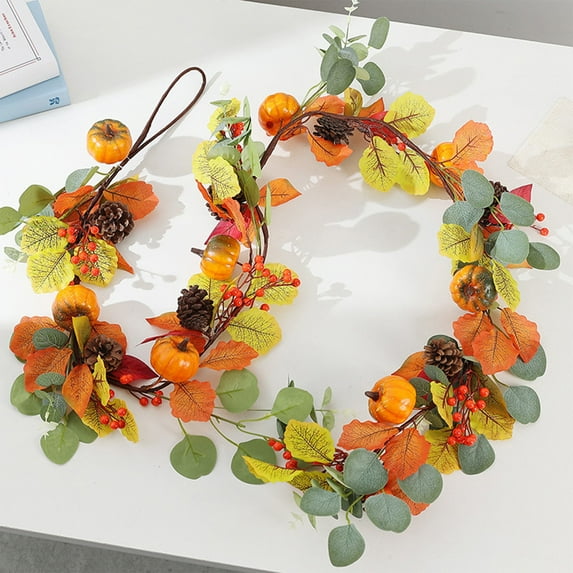 66.9" Fall Maple Leaf Garland, Hanging Vines Fall Foliage with Artificial Berry Leaves and Pumpkin, Fall Leaves Rattan Thanksgiving Decorations for Indoor Outdoor Porch Home(C)