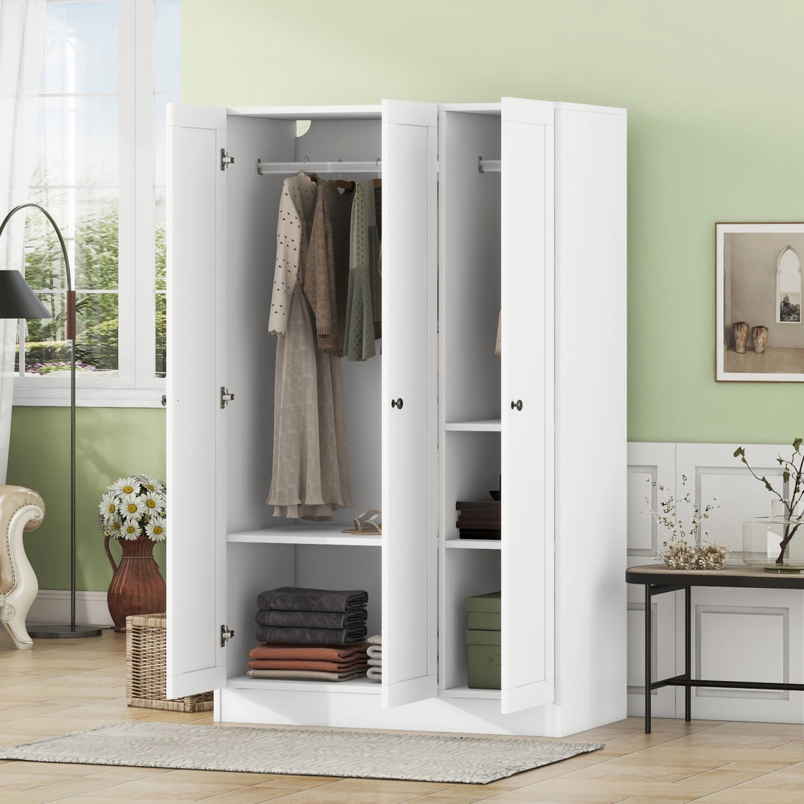 66.9 Freestanding Wardrobe Modern 3 Doors Large Closet Storage Cabinet with Shelves Multi Functional Wood Wardrobe Armoire Closet for Bedroom