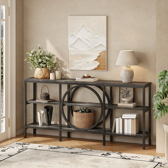 Tarnorci 66.9 Inch Extra Long Sofa Table, Narrow Long Sofa Console Tables Behind Couch Table with Open Storage Shelf, Gray+Black