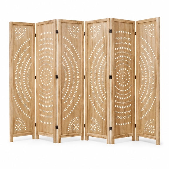 66.9 Inch Folding 6 Panel Carved Wood Privacy Screen, Freestanding Room Divider Partition, No Assembly Required for Home Office Restaurant Bedroom, Natural