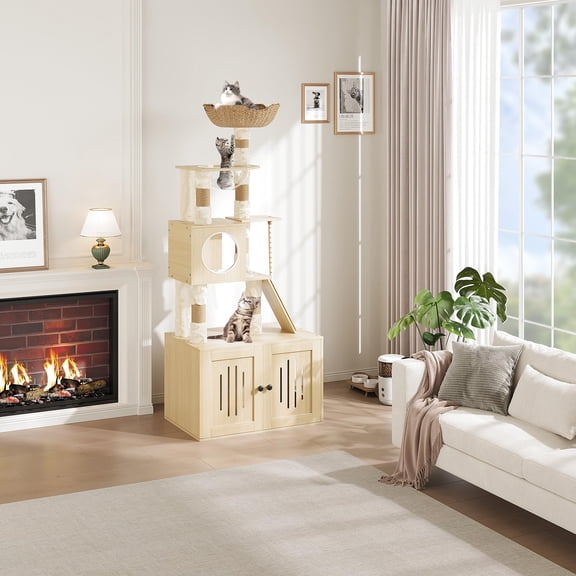 66.9-Inch Large Cat Tree with Litter Box Enclosure & Food Station - Multi-Level Cat Tower with Condo, Storage, Scratching Posts, Hammock & Washable Cushions