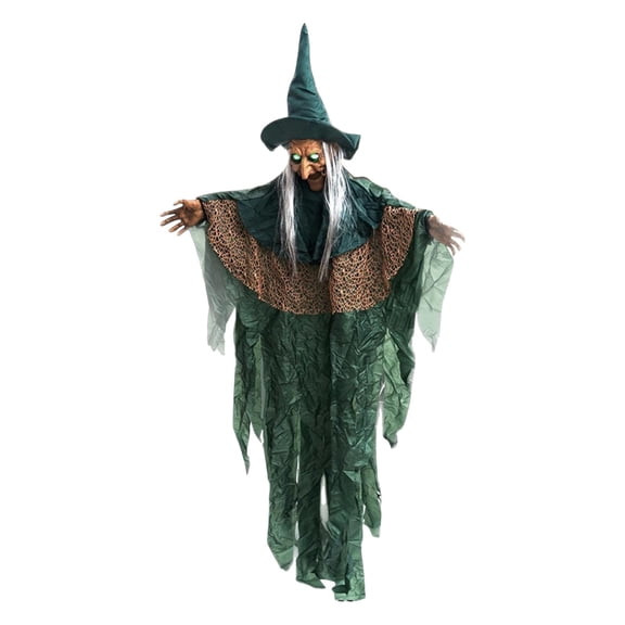 66.9-Inch Life-Size Animated Witch Prop with Glowing Eyes and Voice Effects Hanging Halloween Decoration for Home and Garden
