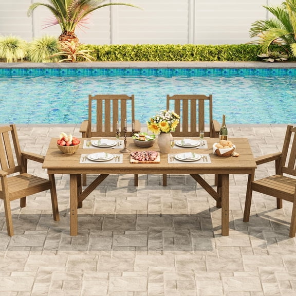 66.9" Long Outdoor Dining Table for 4-6, HDPE All-Weather Rectangular Table with Umbrella Hole and Triangular Legs,  for Patio, Backyard, Deck, Garden, Brown