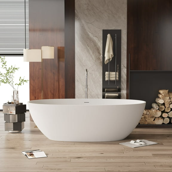 AVAXA 66.9'' Matte White Oval Freestanding Bathtub, Solid Surface Soaking Tub with Drain and Overflow