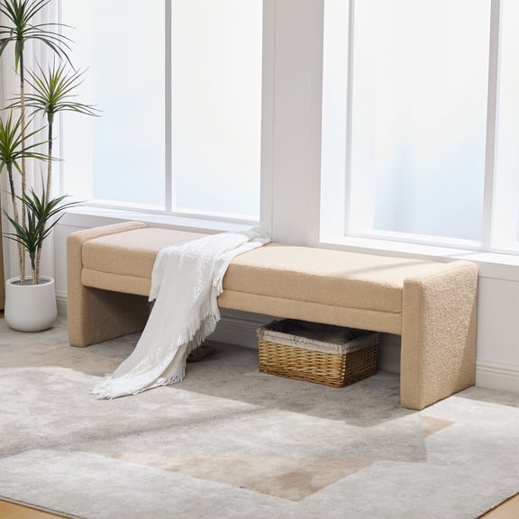 66.9" Modern Upholstered Boucle End of Bed Bench, Oversized Accent Entryway Window Layered Bench & Dining Bench, Footrest Stool Bench for Guestrooms, Reception, Bedroom, Hallway, Living Room, Wheat