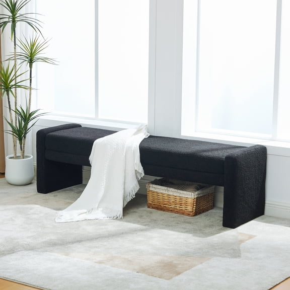 66.9" Modern Upholstered Boucle End of Bed Bench, Oversized Accent Entryway Window Layered Bench & Dining Bench, Footrest Stool Bench for Guestrooms, Reception, Bedroom, Hallway, Living Room, Black