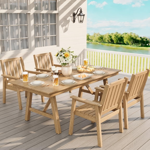 66.9" Outdoor Dining Table for 4-6, Heavy Duty HDPE Garden Table with Umbrella Hole, Sturdy Aluminum Triangular Frame, Weatherproof Large Patio Table for Backyard, Poolside, Deck, Natural