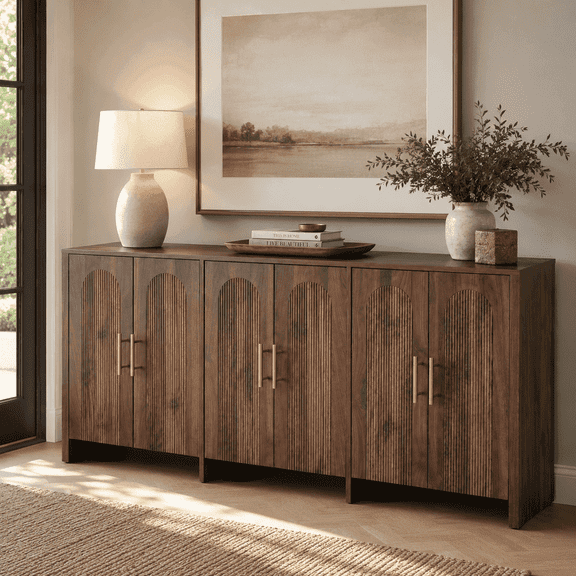 BelvaraHome 66.9" Modern Fluted Sideboard with 6 Arched Doors, Gold Handles & 3 Adjustable Shelves, Walnut