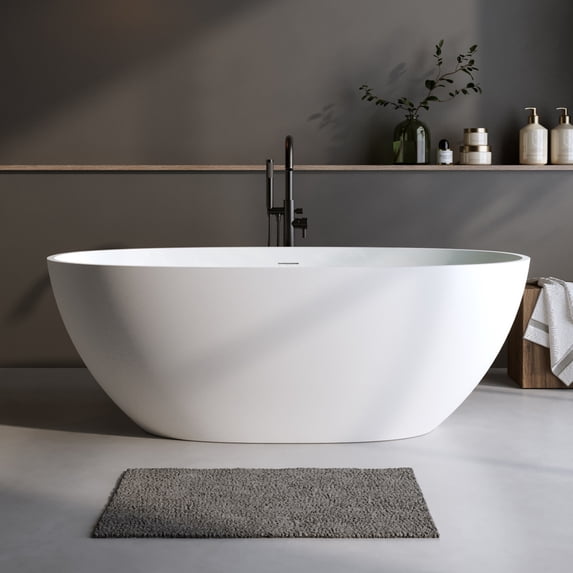 66.9" Solid Surface Stone Resin Freestanding Soaker Tub with Thick Edge, Overflow Drain & Matte White Finish - Durable Non-Porous Spa-Style Bathtub for Relaxing Soaks