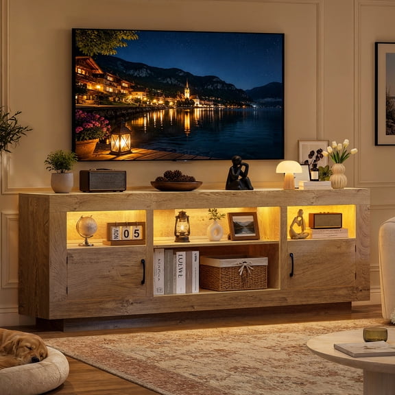 66.9" TV Stand with RGB LED Lights, Modern Entertainment Center with Drawer and Open Shelf, Media Console Table, TV Stands for Living Room & Bedroom, Nature