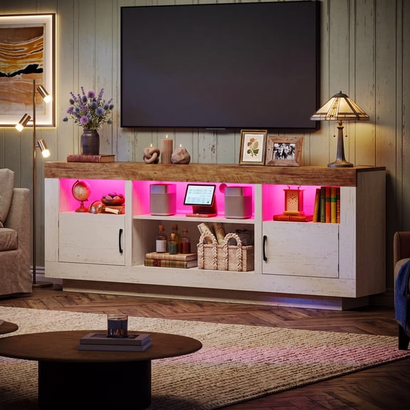 66.9" TV Stand with RGB LED Lights, Modern Entertainment Center with Drawer and Open Shelf, Media Console Table, TV Stands for Living Room & Bedroom, White