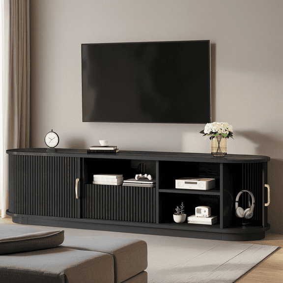 66.9" Vintage Rustic TV Stand with Sliding Wood Slatted Doors for TVs up to 75", Farmhouse Media Console with Drawer & Cable Management, Black