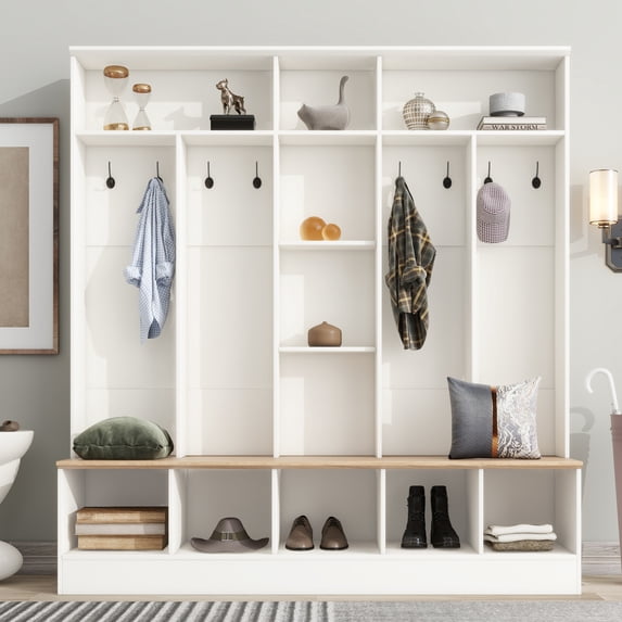 66.9"W 4 in 1 Hall Tree with Storage Bench, Minimalist Shoe Cabinet with Cube Storage & Shelves, Entryway Bench with Coat Rack, 8 Hooks and Open Shelves for Entryways, Mudroom, White