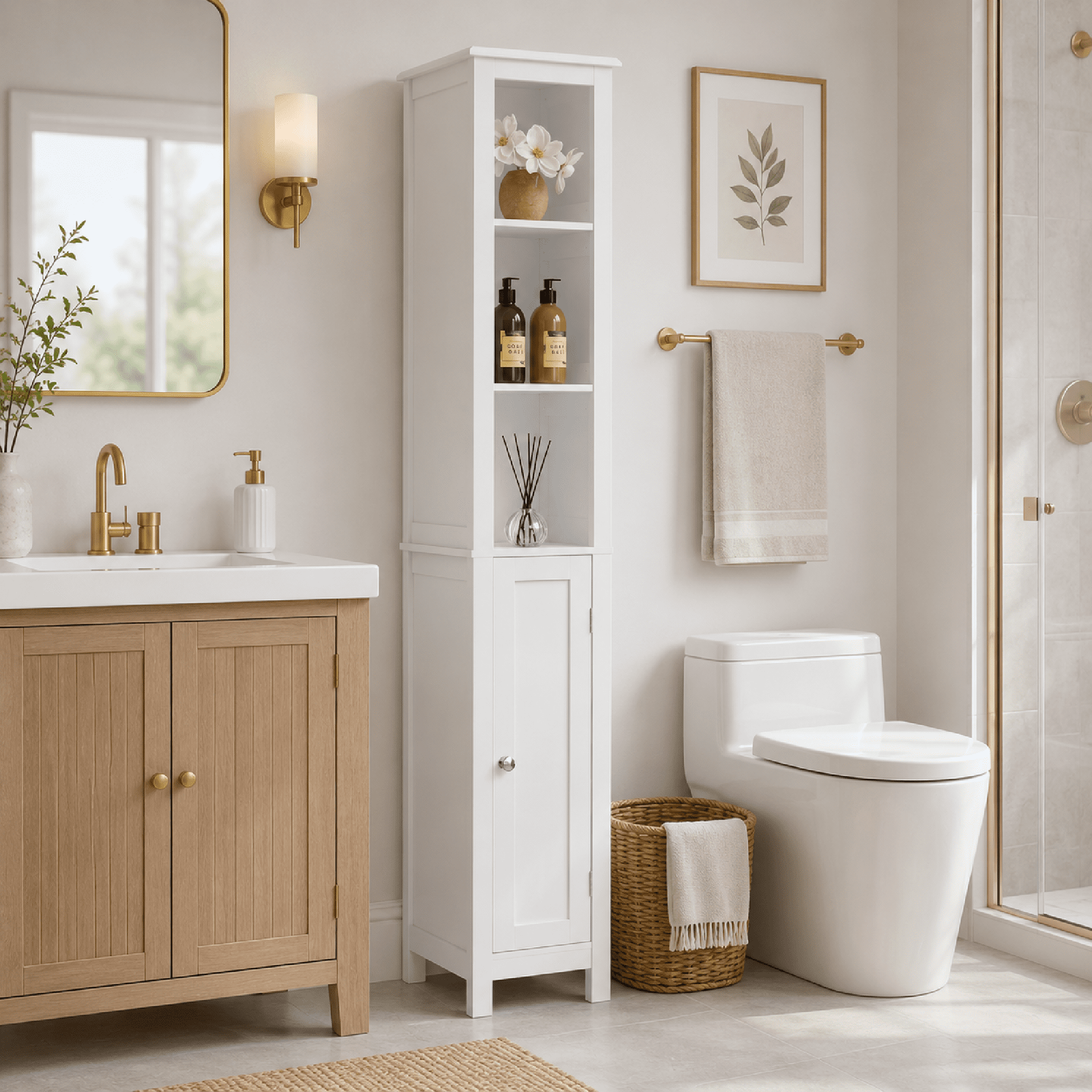66.92" Tall Bathroom Storage Cabinet with Adjustable Shelves,Slim 1 Doors Freestanding Cabinet with Anti-Tip, Open compartments, for Home, Small Spaces, Bathroom,Kitchen, Living Room, White