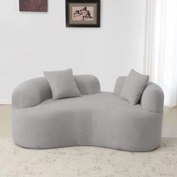 66.93 Inch Curved Loveseat Grey Full Compression Sponge Sofa with 2 Pillows, Teddy Velvet Fabric, No-Assembly Compact Sofa for Small Spaces & Apartments, 350 lbs Capacity, Grey